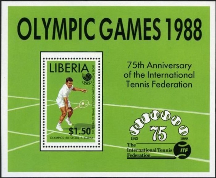 Liberia 1988 75th Anniversary of the International Tennis Federation Souvenir Sheet Liberia 1988 75th Anniversary of the International Tennis Federation Souvenir Sheet